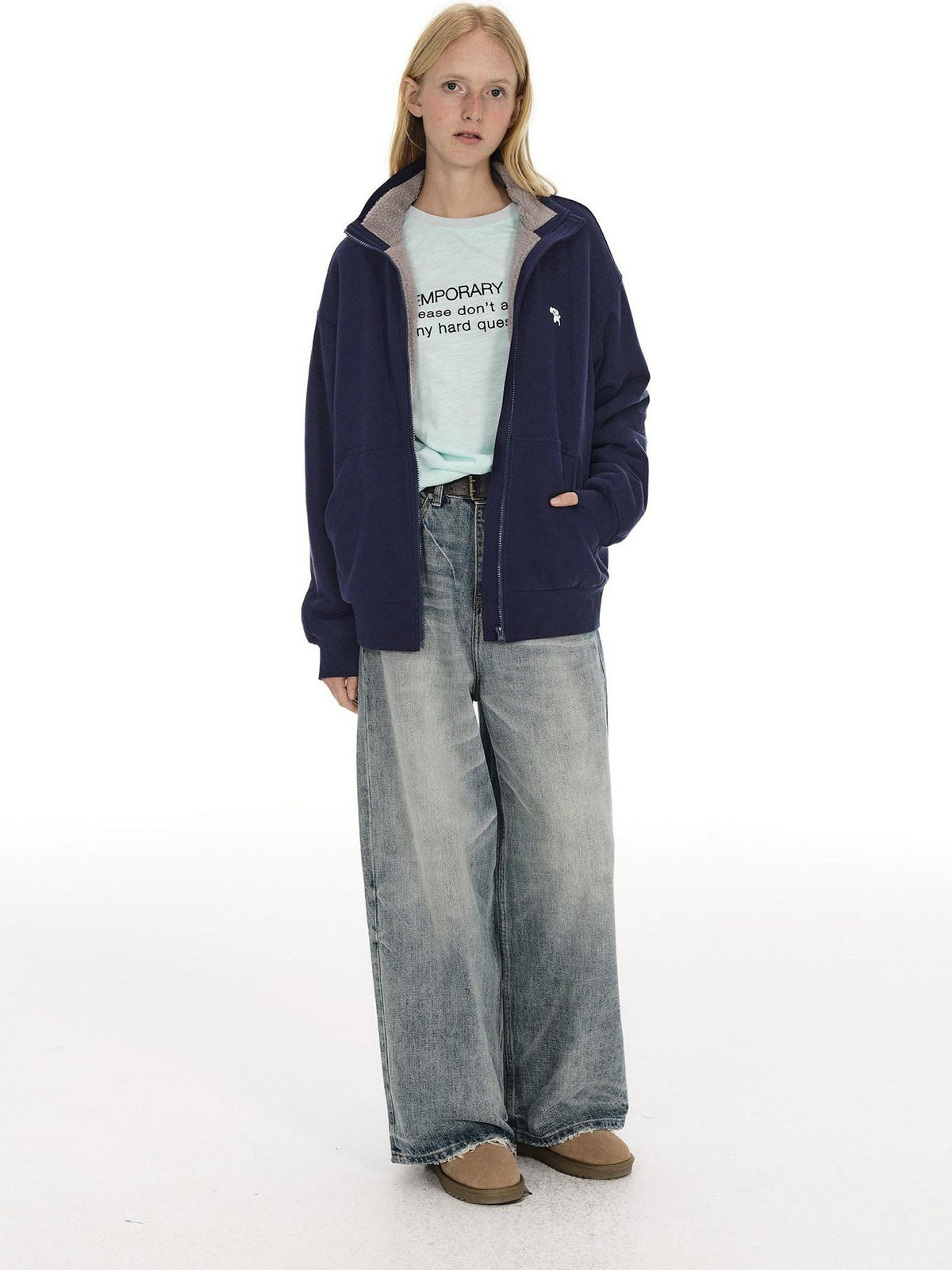 Country Moment Cozy Fleece Thick Loose Embroidered Stand Collar Unisex Cotton Zip Sweatshirt