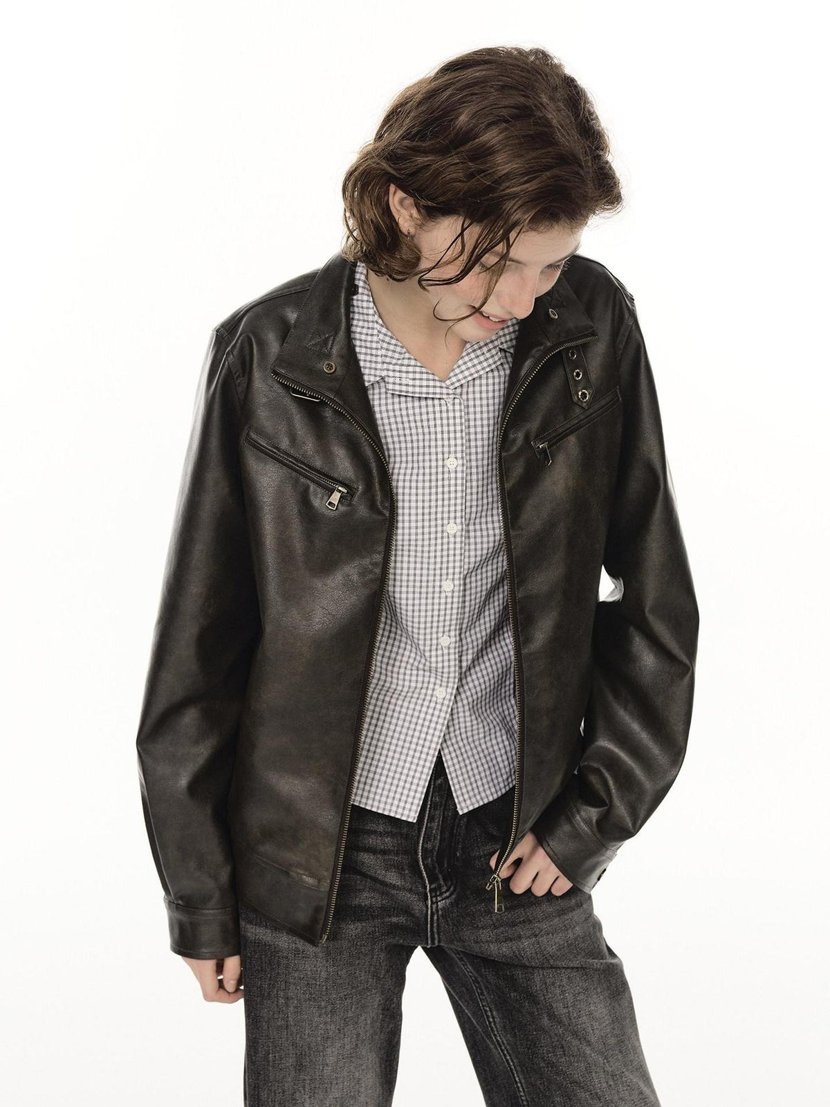 Country Moment Warm Pu Leather Detachable Hood Loose Fit Casual Unisex Leather Jackets