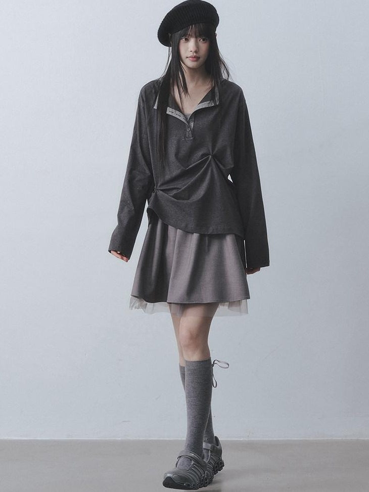 DDGIRL studio Moisture Wicking Long Sleeve Tee Commuter Solid Dark Gray Top & Skirt Sets