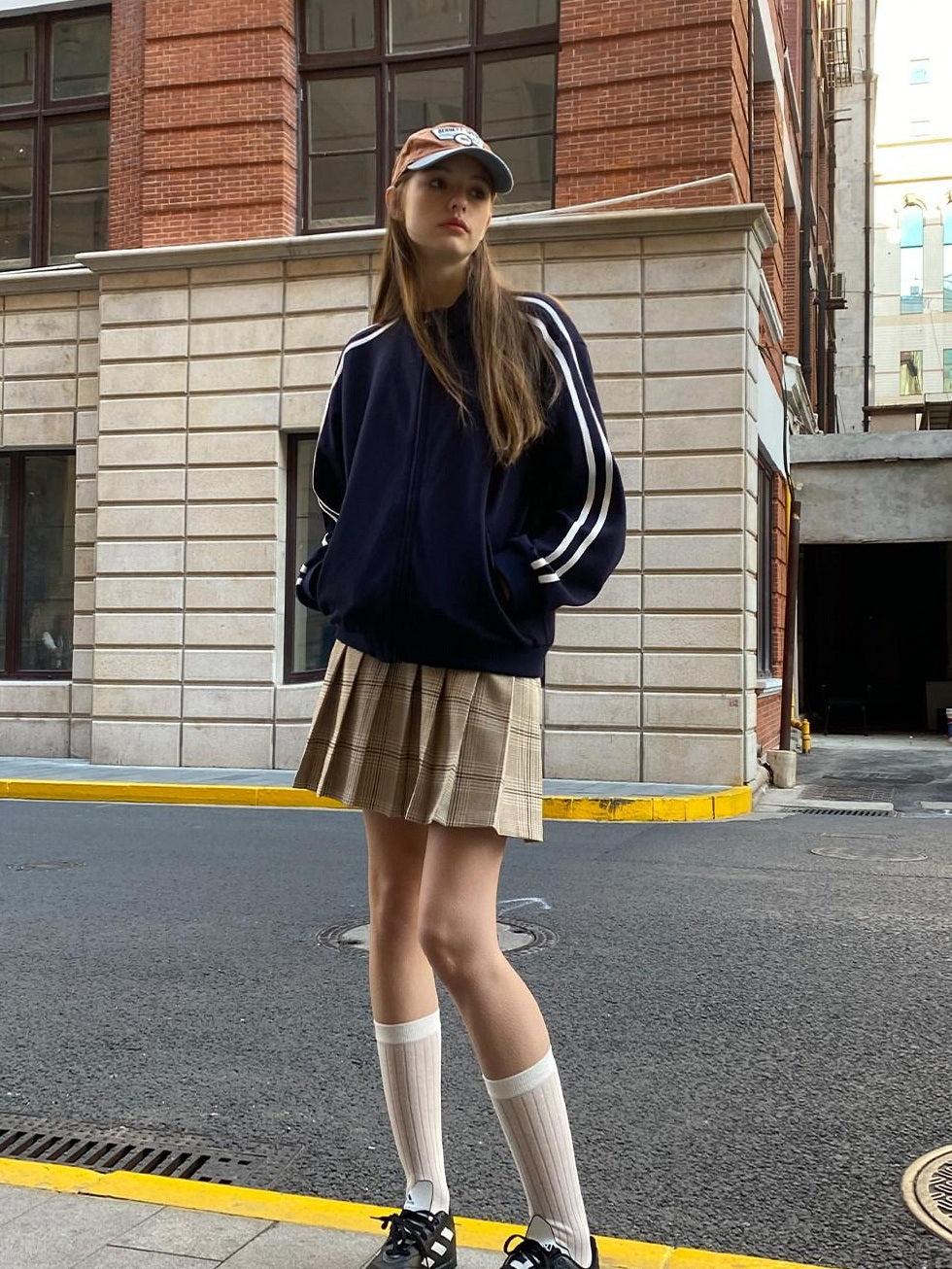 Country Moment High Waist Vintage Pleated A Line Khaki Plaid Casual Youth Polyester Mini Skirts