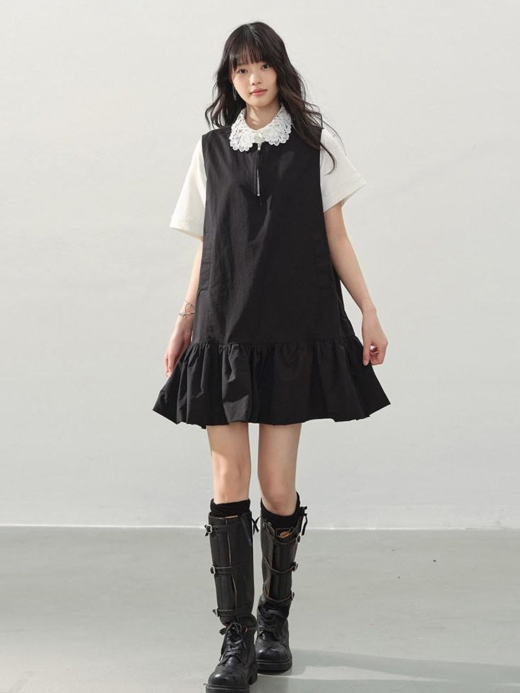 DDGIRL studio Soft Washed Cotton Nylon A Line Doll Collar Pockets Black Mini Dresses