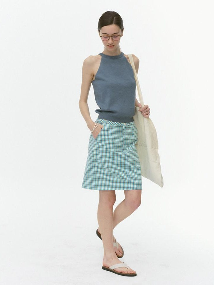Country Moment Original Design Halter Slim Fit Lake Blue Wool Blend Solid Knit Camisoles