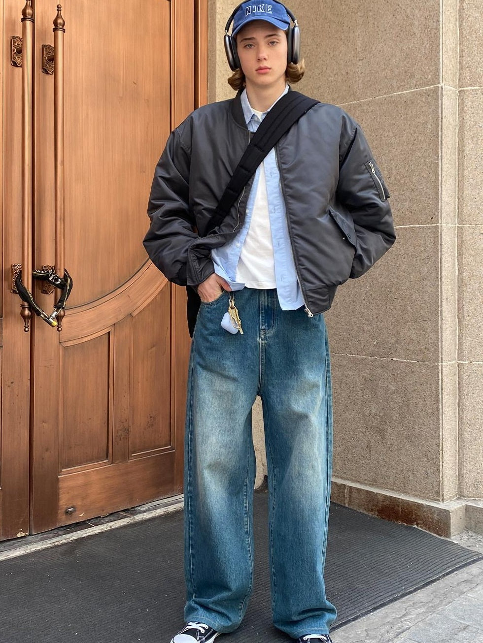 Country Moment Breathable Cotton Retro Washed Mid Rise Relaxed Mens Deep Blue Wide Leg Jeans