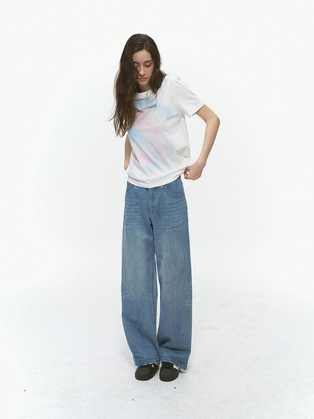 Country Moment Washed Printed Mid Rise Loose Five Pocket Casual Denim Blue Wide Leg Jeans