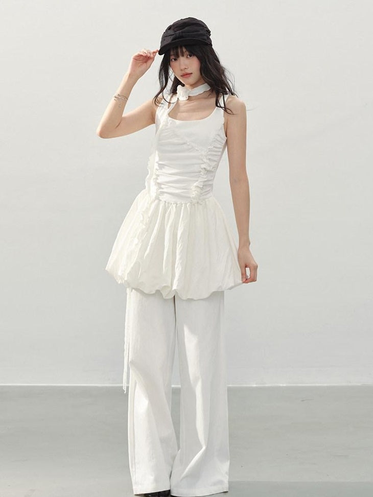 DDGIRL studio Soft Stretch Cotton Sweet Ruffle A Line Sleeveless U Neck Mid Waist Mini Dresses