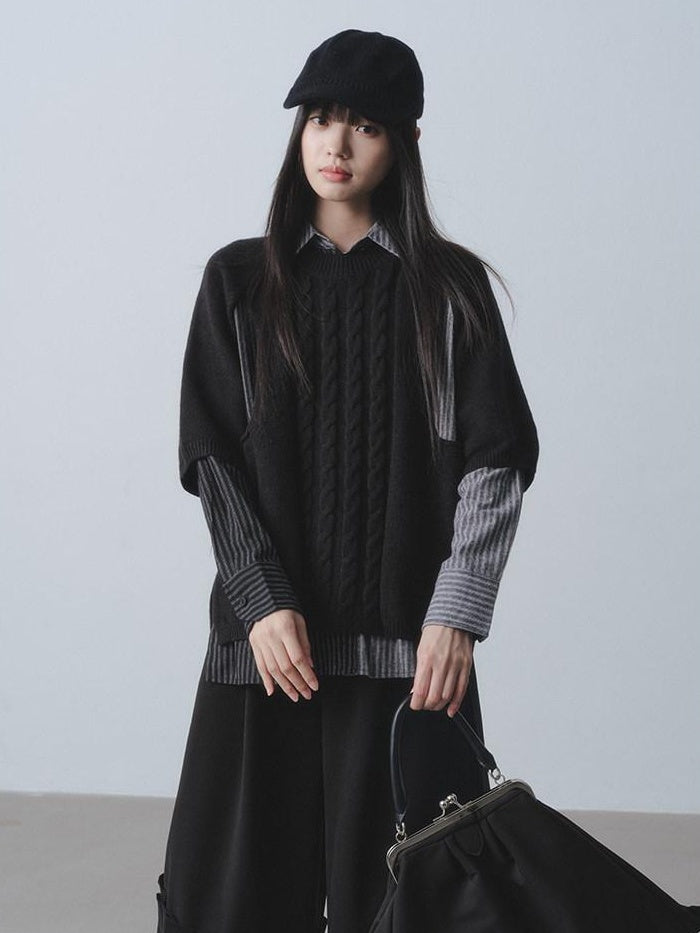DDGIRL studio Warm Openwork Striped Knit Two Piece Loose Fit Collared Women Sweaters