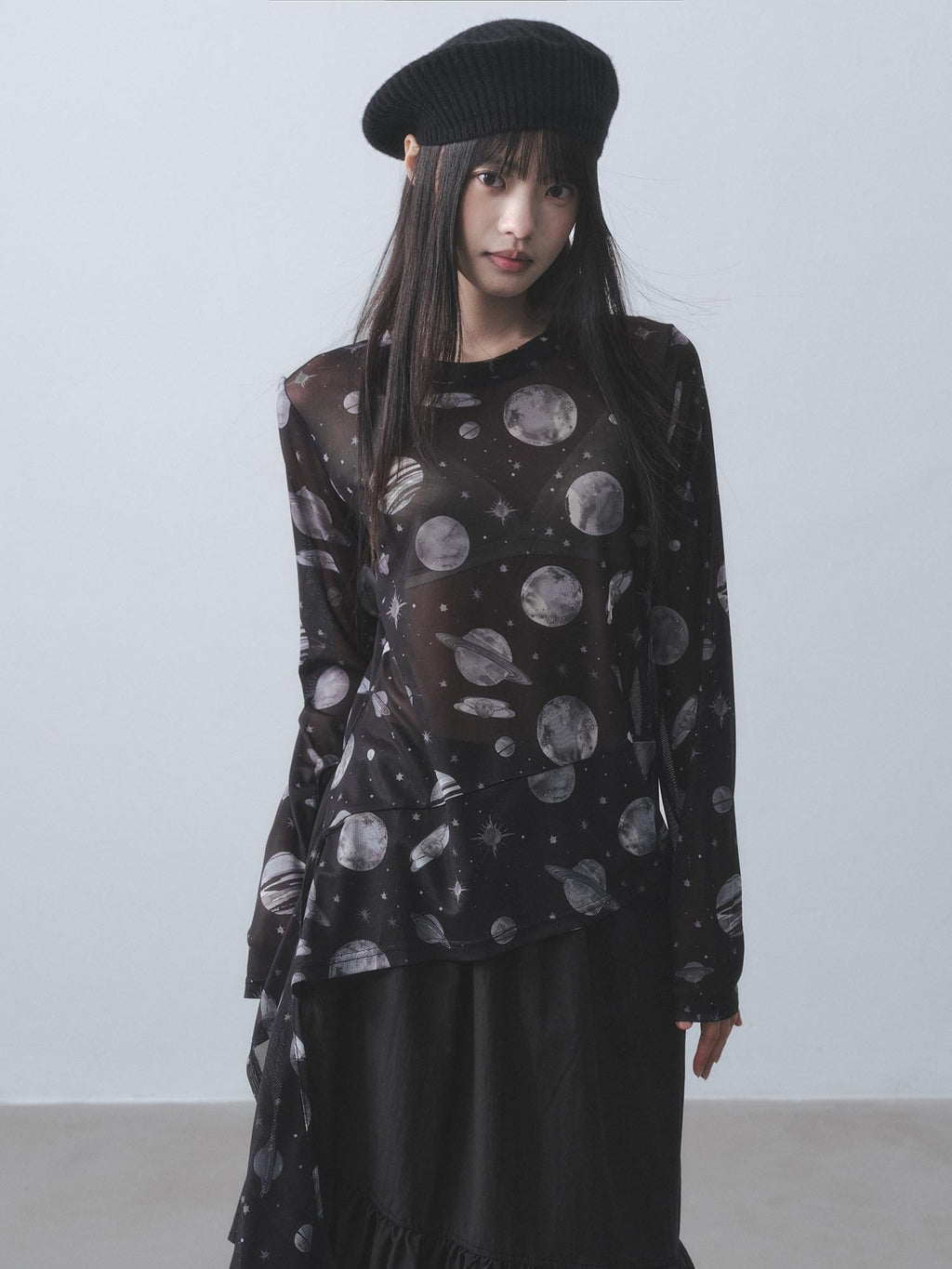DDGIRL studio Breathable Ultra Thin Commuter Loose Mesh Galaxy Print Long Sleeve T-Shirts