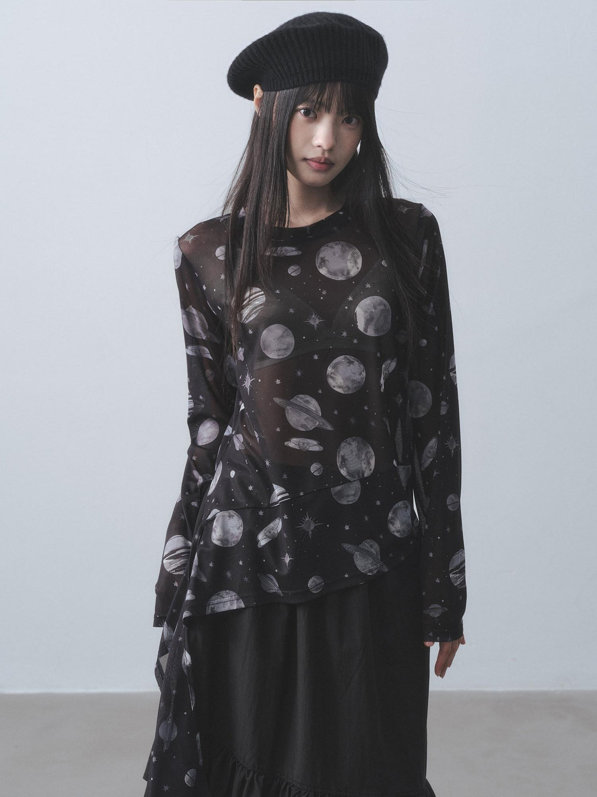 DDGIRL studio Breathable Ultra Thin Commuter Loose Mesh Galaxy Print Long Sleeve T-Shirts