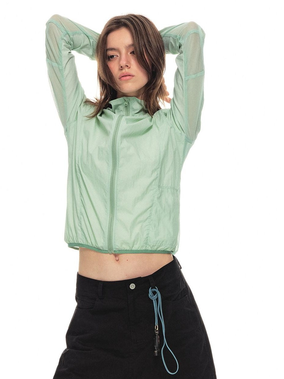 Country Moment Upf50 Packable Nylon Drawstring Hem Women Zip Shirt Green Shirts & Blouses