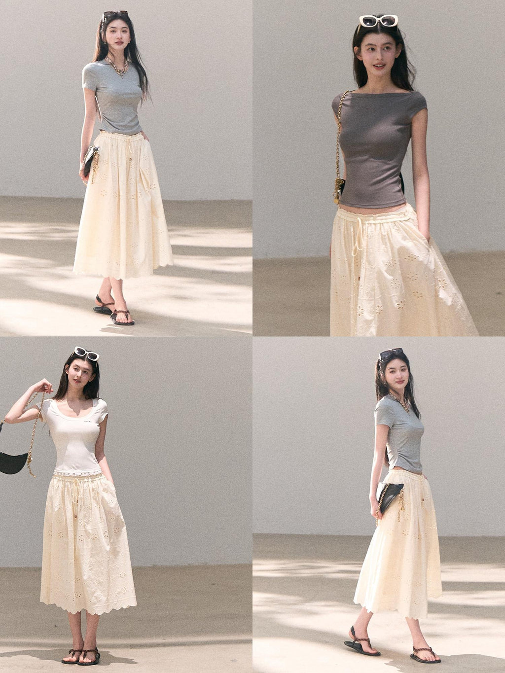 7 OAKMOO Cotton Lined Embroidered A Line Ruffle Elastic Mid Waist Women Maxi Skirts