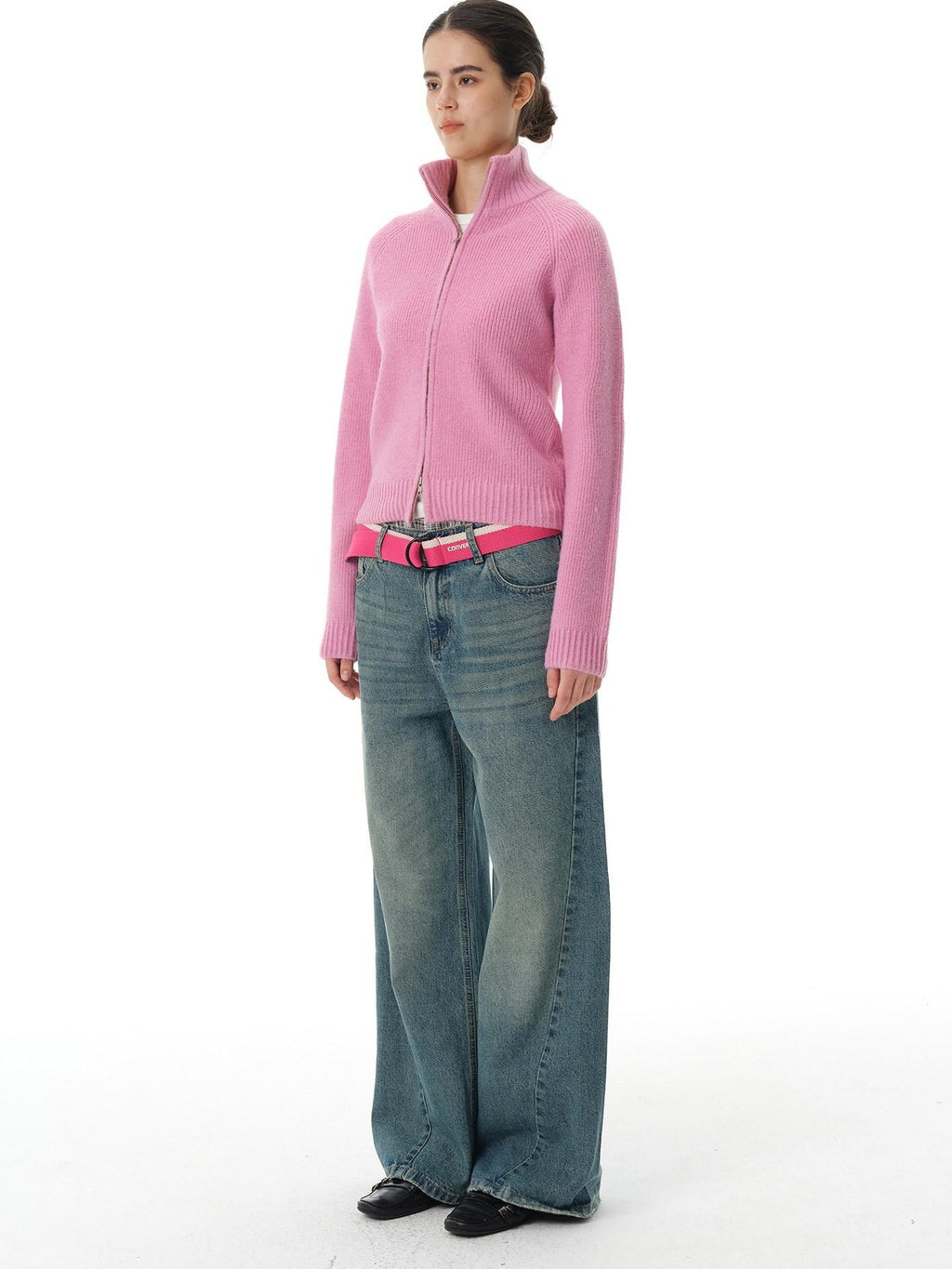 Country Moment Warm Zipper Stand Collar Slim Fit Cardigan Knit Women Rose Purple Sweaters