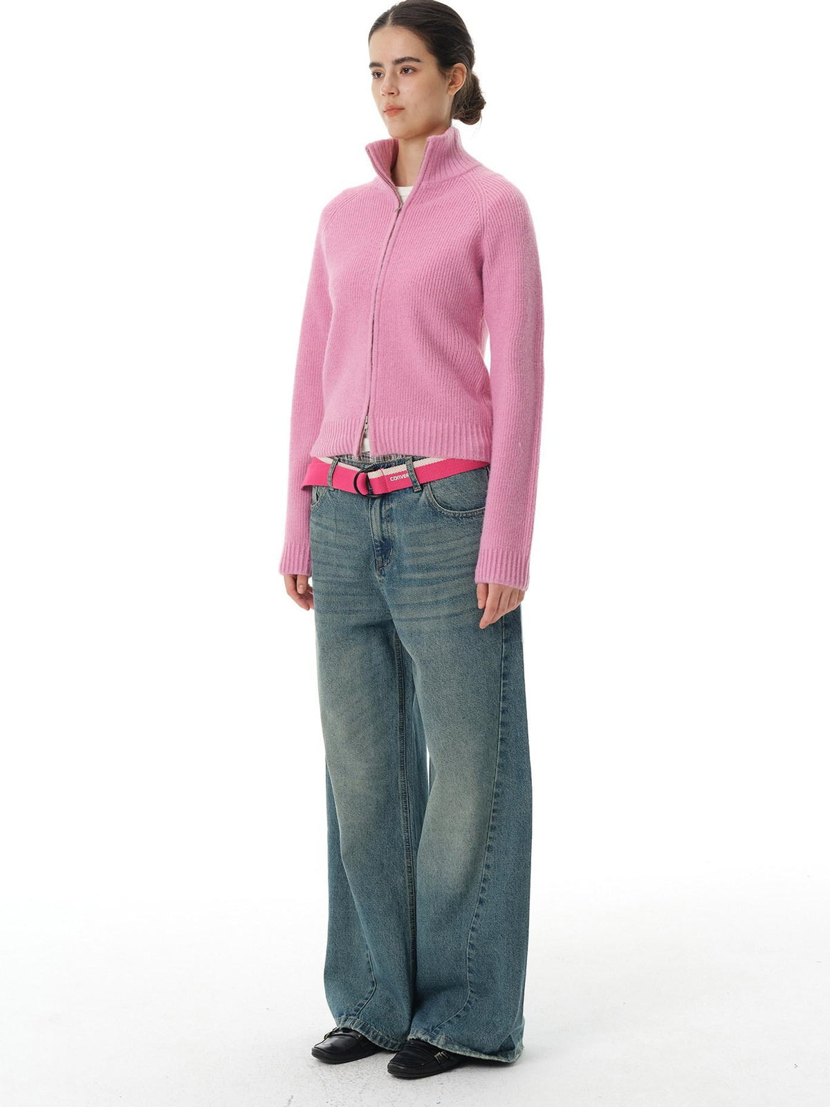 Country Moment Warm Zipper Stand Collar Slim Fit Cardigan Knit Women Rose Purple Sweaters