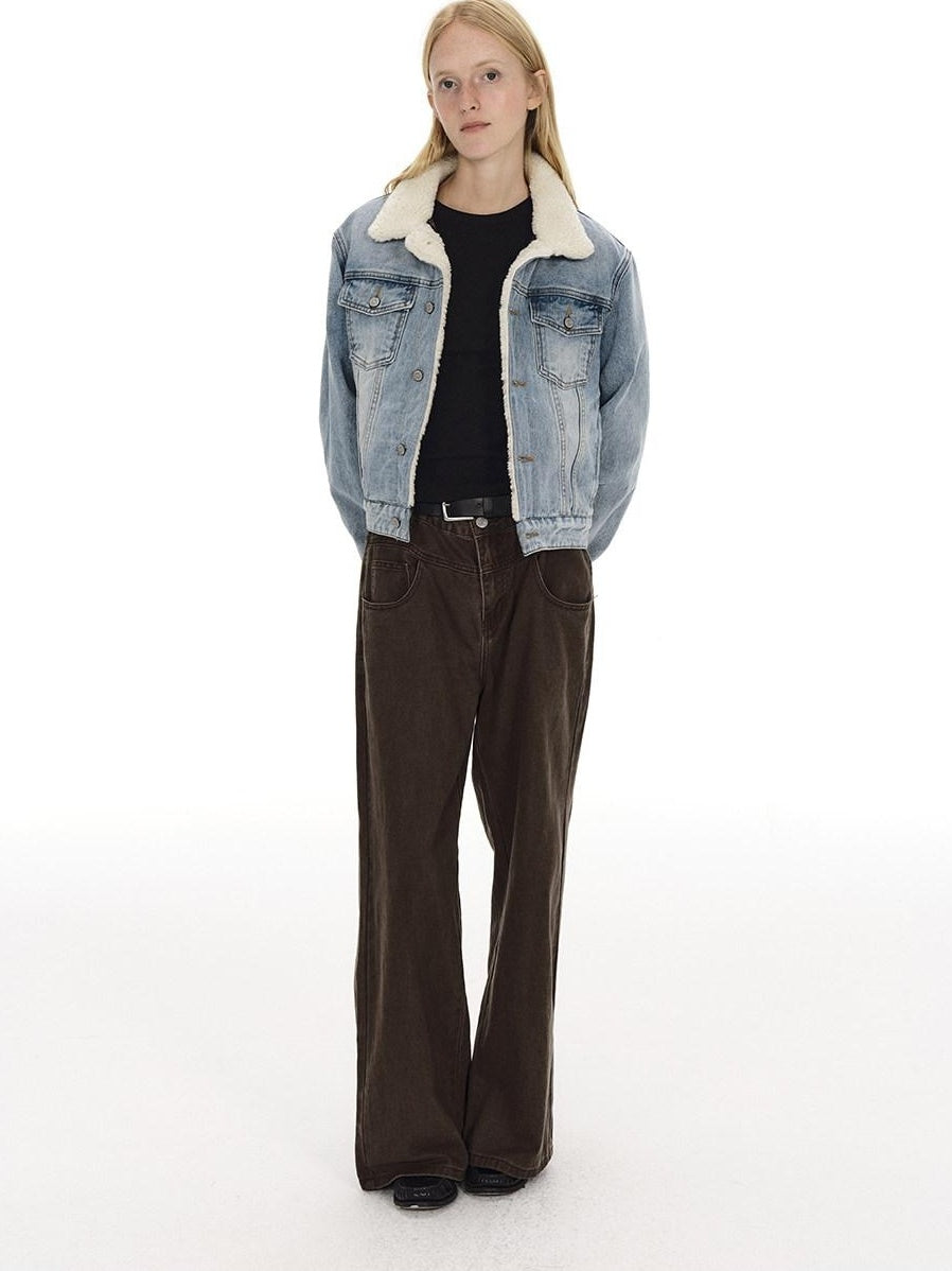 Country Moment Warm Cotton Padded Vintage Wash Slim Cropped Topstitching Women Denim Jackets