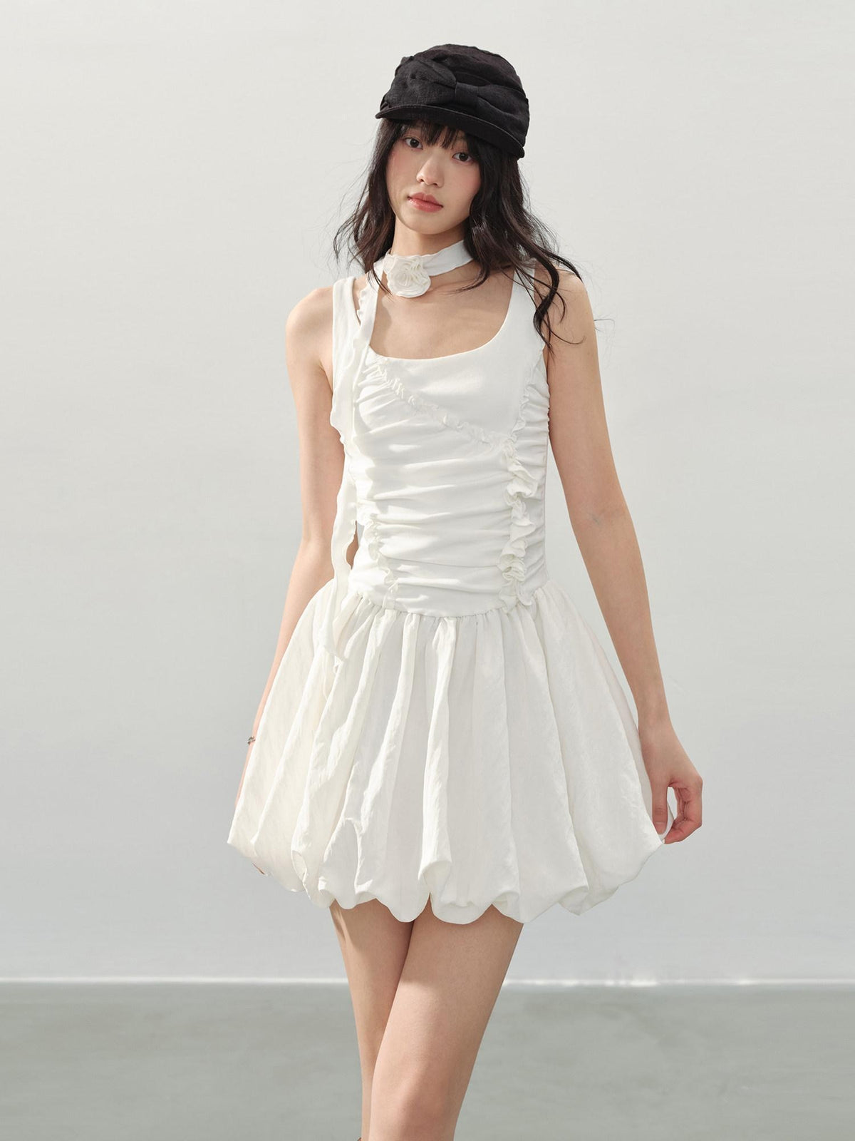 DDGIRL studio Soft Stretch Cotton Sweet Ruffle A Line Sleeveless U Neck Mid Waist Mini Dresses