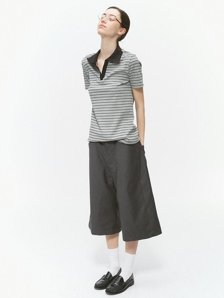 Country Moment Cotton Blend Patchwork Slim Polo Collar Striped Grey Short Sleeve T-Shirts