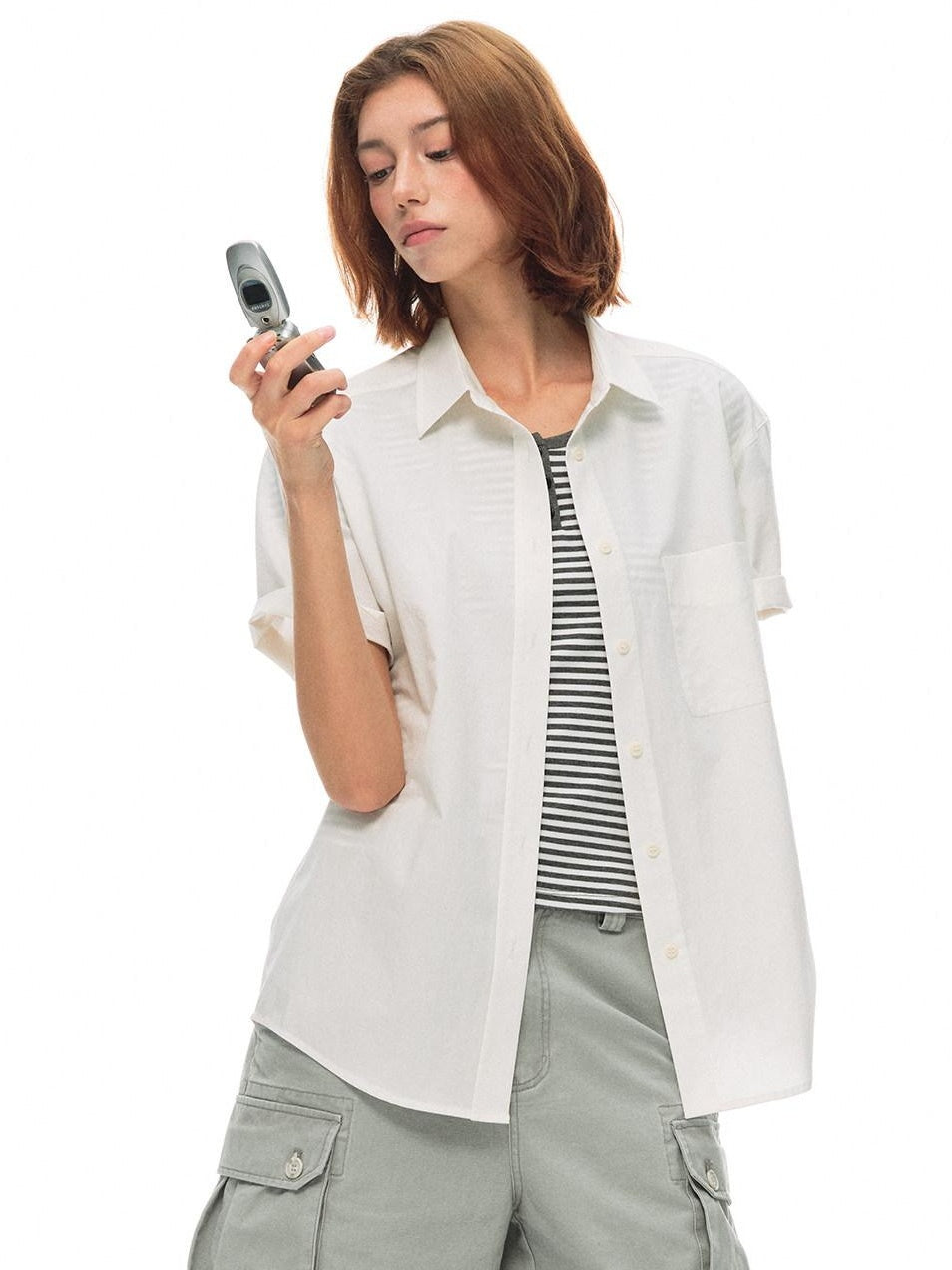 Country Moment Breathable 100% Cotton Loose Polo Collar Pocket Button Women Commute Shirts