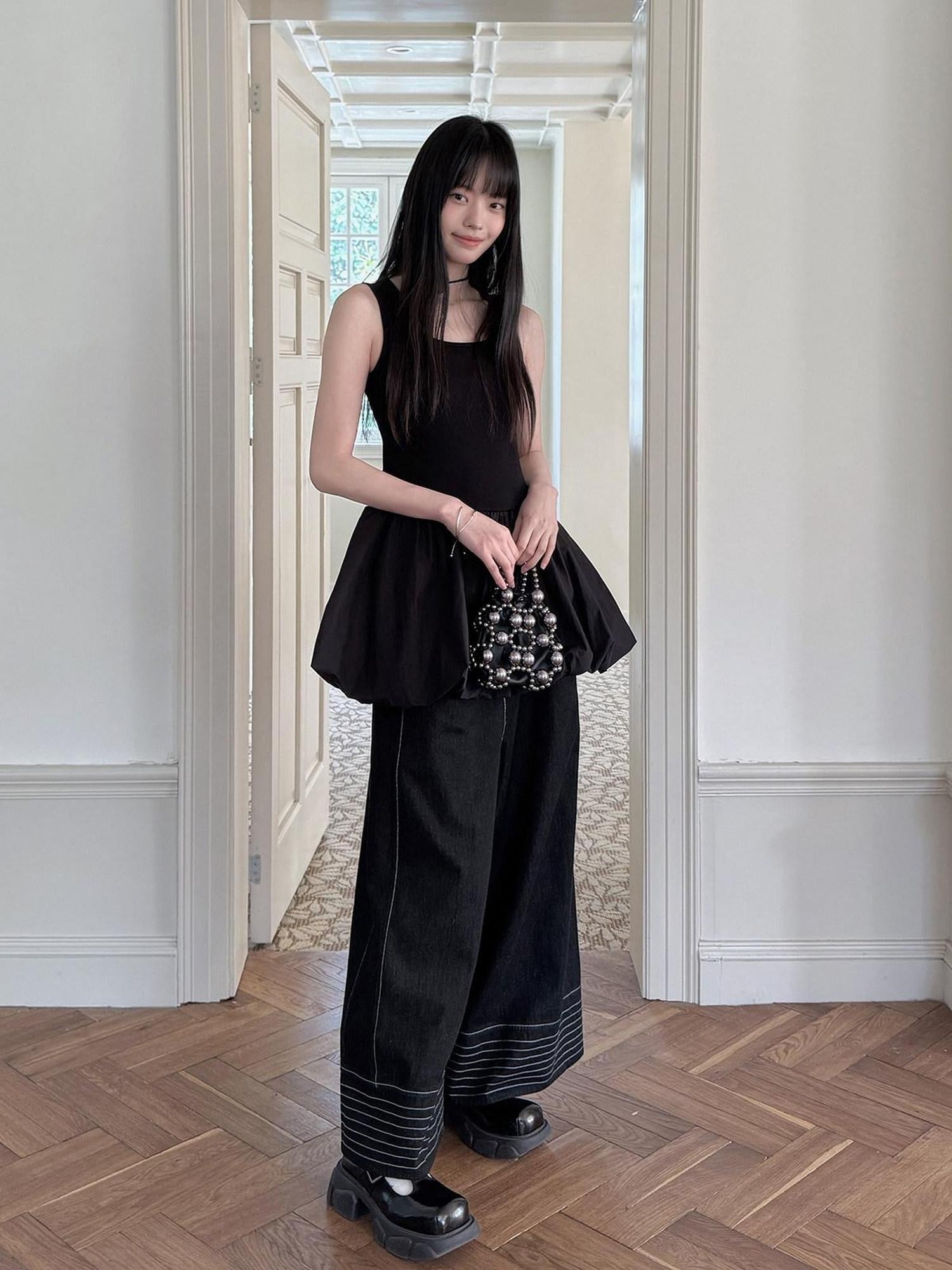 DDGIRL studio 100 Percent Cotton Button Black Vest Two Piece Casual Youth Top & Pants Sets