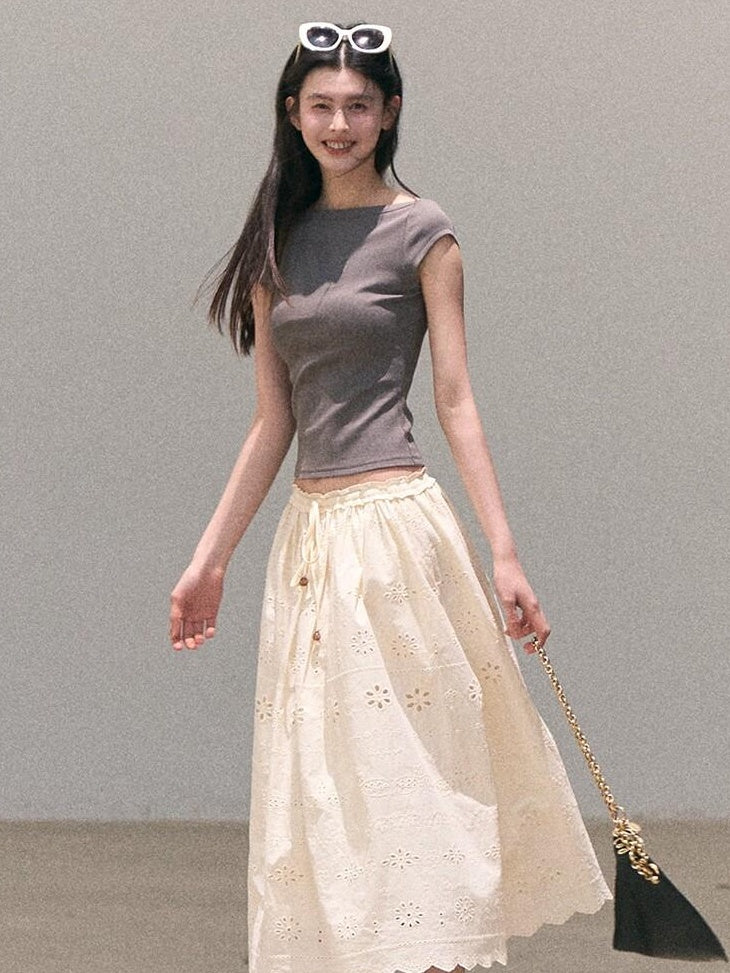 7 OAKMOO Cotton Lined Embroidered A Line Ruffle Elastic Mid Waist Women Maxi Skirts