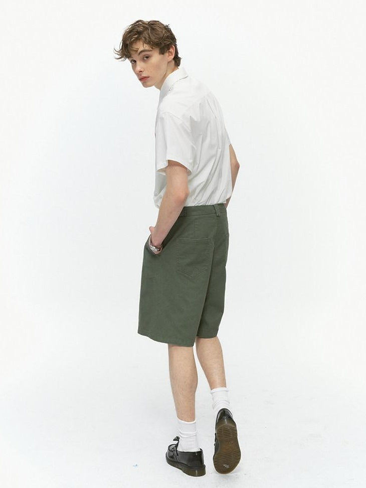 Country Moment Durable Cotton Loose Straight Zip Casual Khaki Navy Mid-Length Shorts
