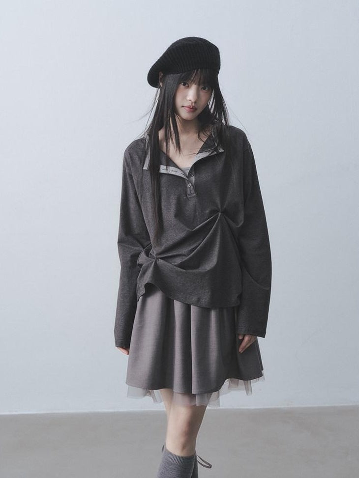 DDGIRL studio Moisture Wicking Long Sleeve Tee Commuter Solid Dark Gray Top & Skirt Sets