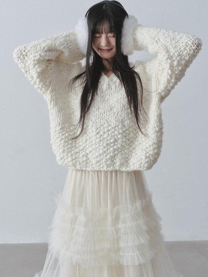 DDGIRL studio Cozy Soft Crochet V-neck Relaxed Oversized Women Campus Acrylic Wool Sweaters