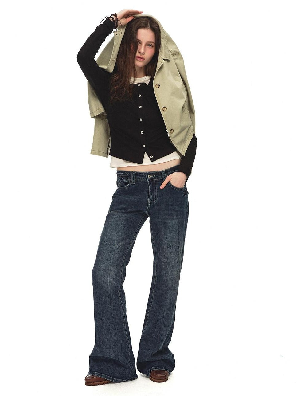 Country Moment Slimming Soft Breathable Distressed Low Rise Vintage Blue Stonewash Flared Jeans