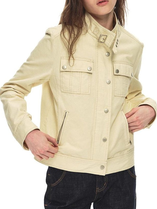 Country Moment Durable Cotton Button Loose Fit Vintage Stand Collar Women Cropped Jackets
