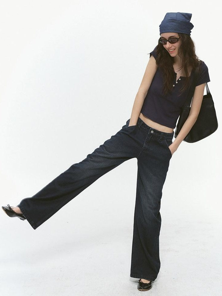 Country Moment Durable Washed Loose Fit Natural Waist Dark Blue Denim Straight Leg Jeans