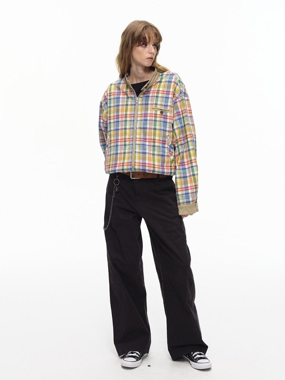 Country Moment Reversible Loose Vintage Plaid Unisex Khaki Cotton Windproof Cropped Jackets