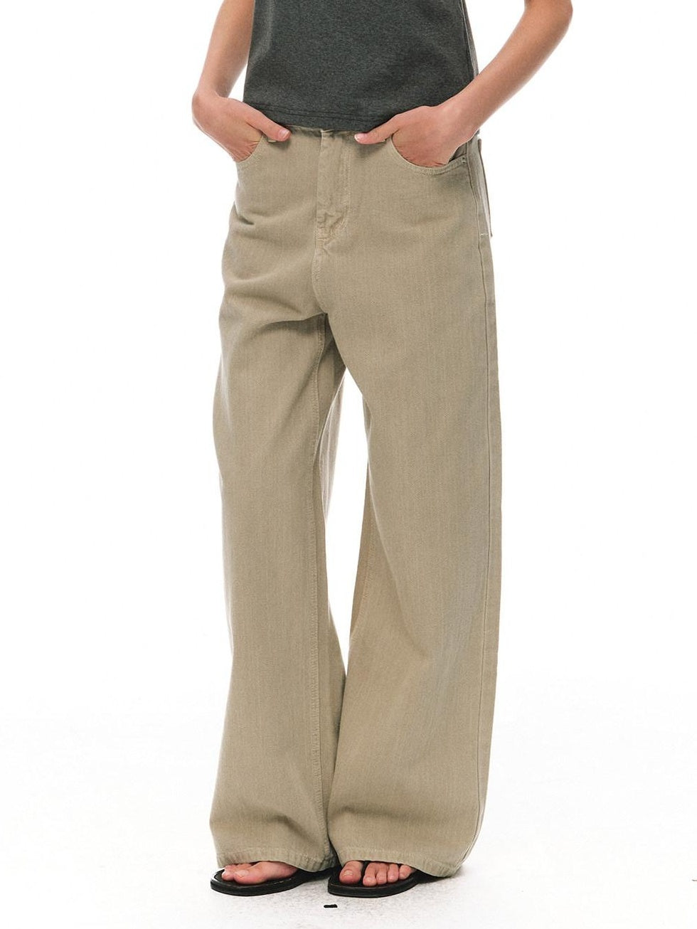 Country Moment Breathable Durable Mid Rise Zipper Fly Loose Khaki Cotton Casual Wide Leg Jeans