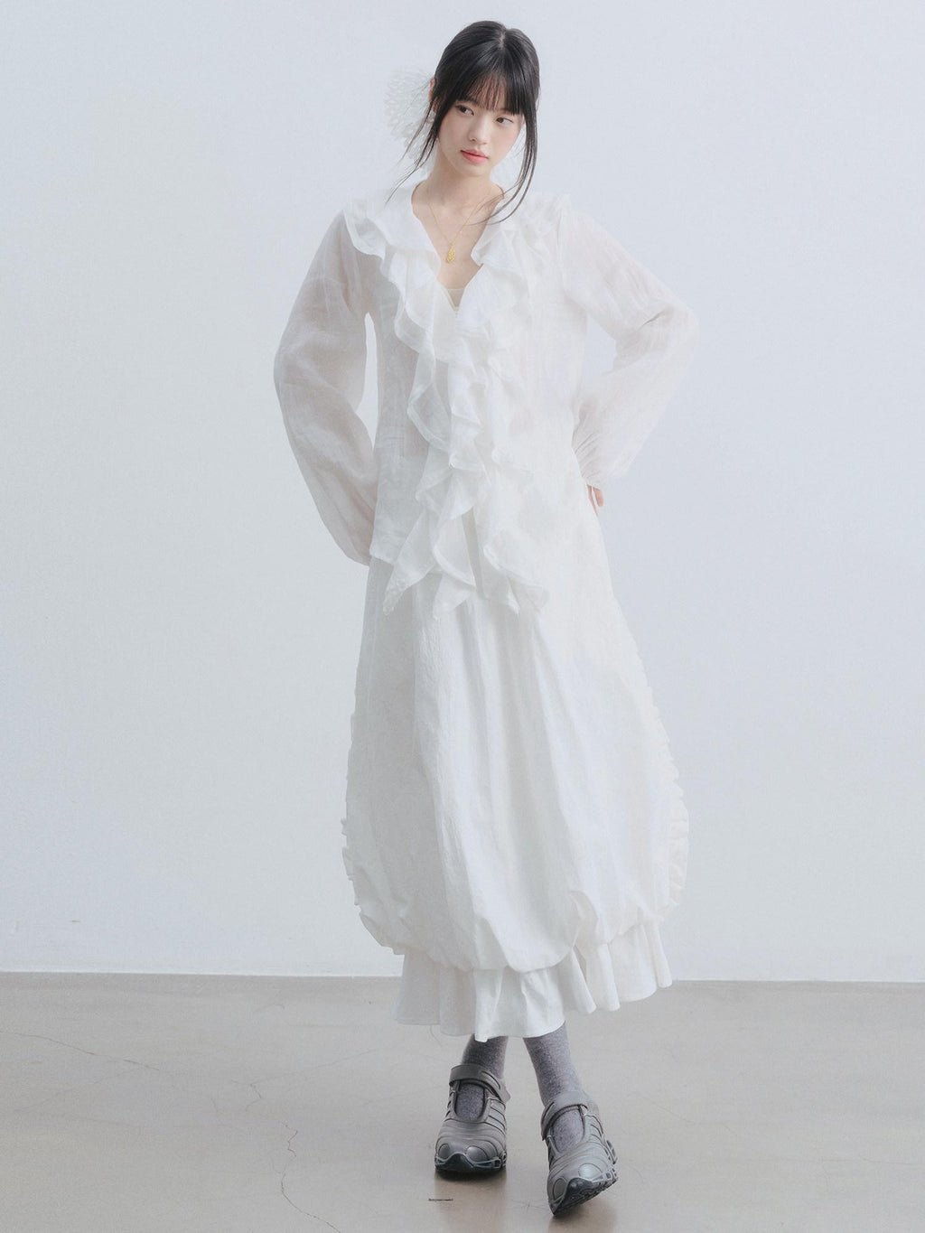 DDGIRL studio Durable Cotton High Waist Ruffle Lantern Lined White Midi Skirts