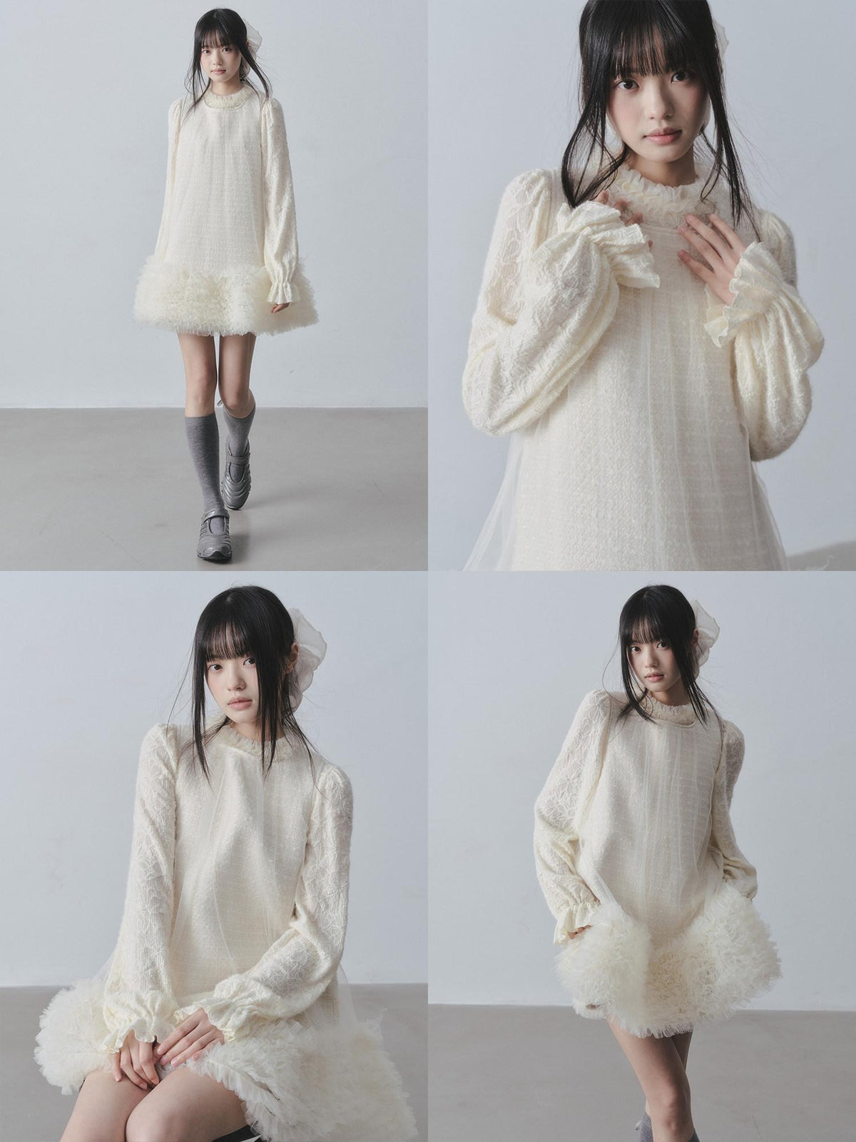 DDGIRL studio Ultra Soft Knit Petal Sleeve Pullover Office Casual Off White Mini Dresses