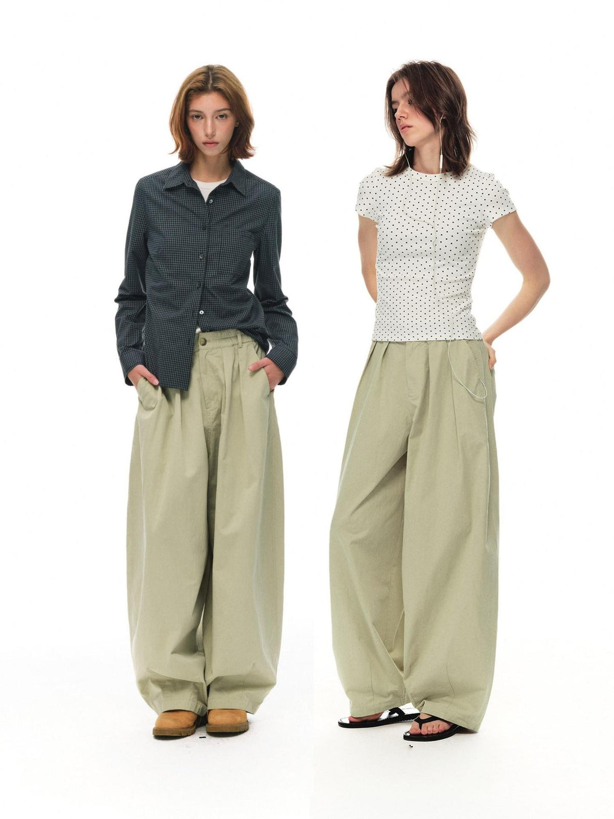 Country Moment Soft Cotton Khaki Pleated Zipper Mid Waist Balloon Casual Wide Leg Pants