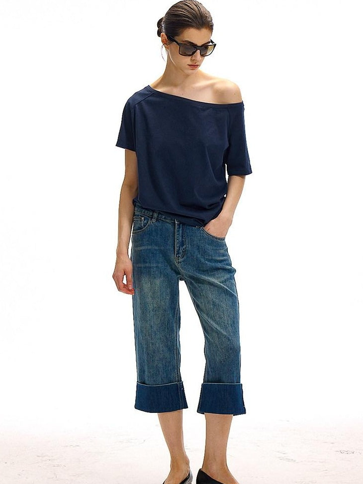 Country Moment High Waist Washed Stretch Straight Leg Denim Blue Mid-Length Shorts