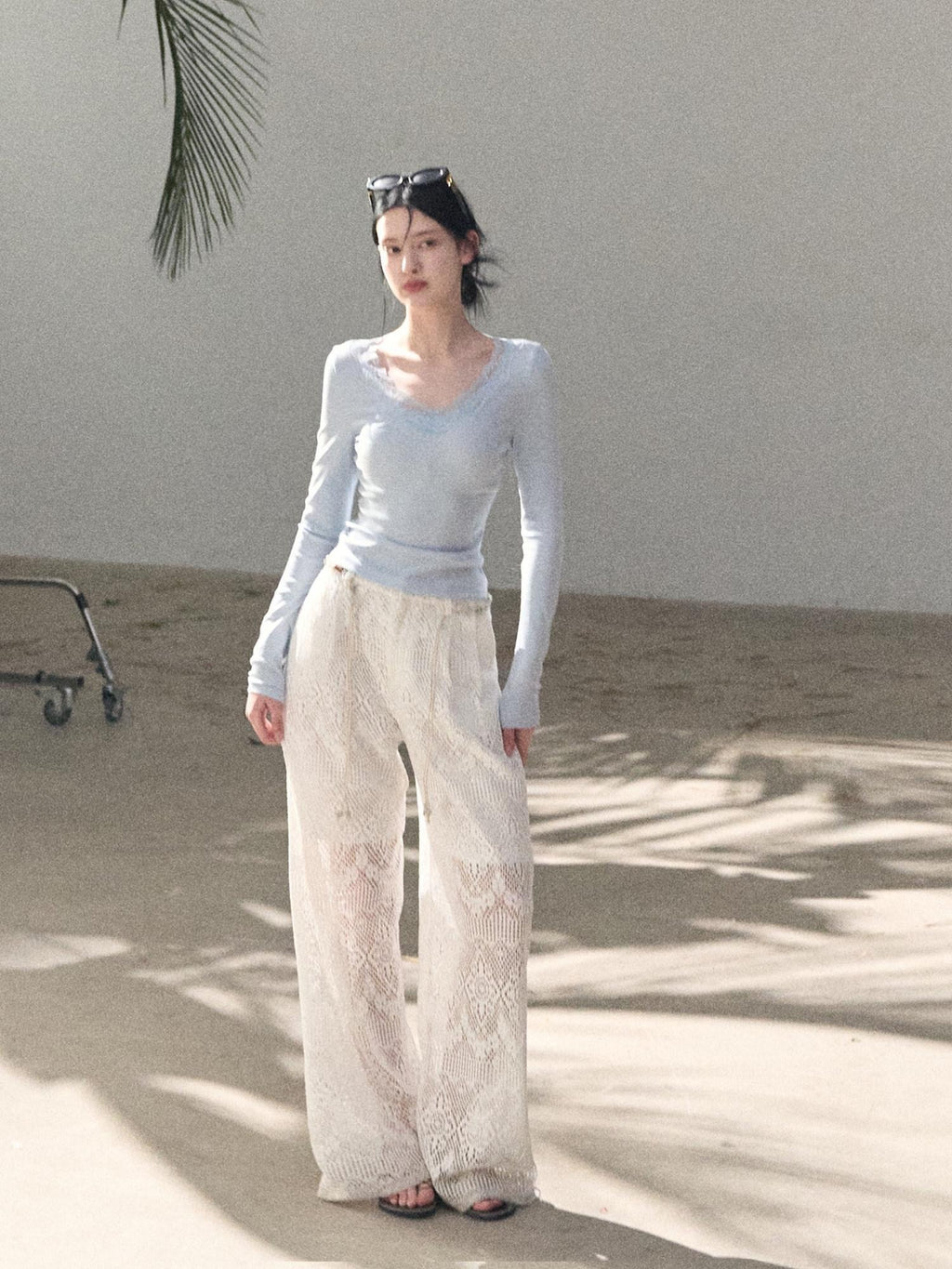 7 OAKMOO Mid Rise Cotton Blend Casual Straight Fit Women Mist White Wide Leg Pants