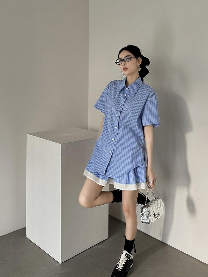 DDGIRL studio Breathable Relaxed Polo Short Sleeve Women Striped Blue Top & Skirt Sets