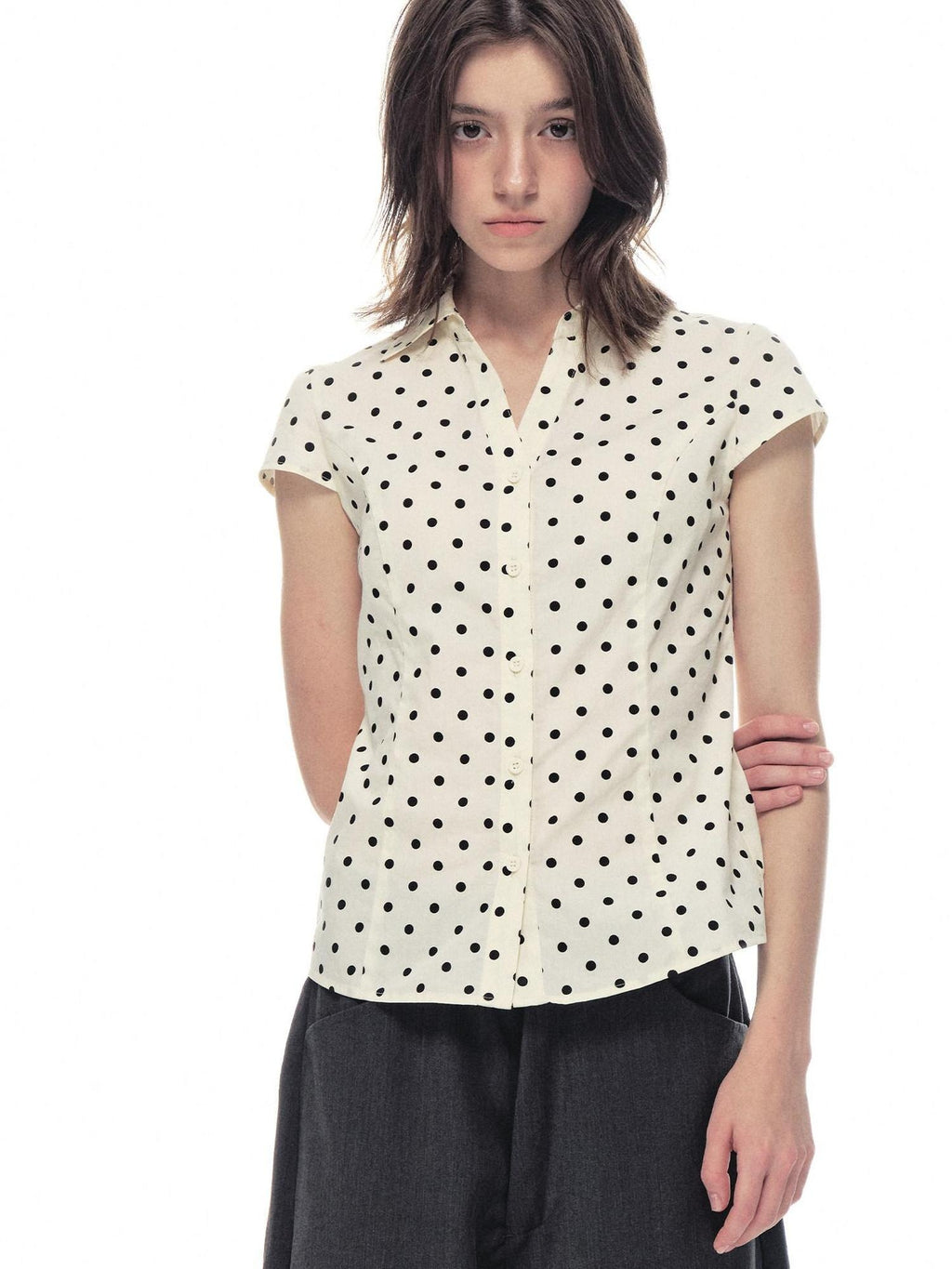 Country Moment Breathable Cotton Slim V-neck Polka Dot Button Cardigan Women Beige Shirts