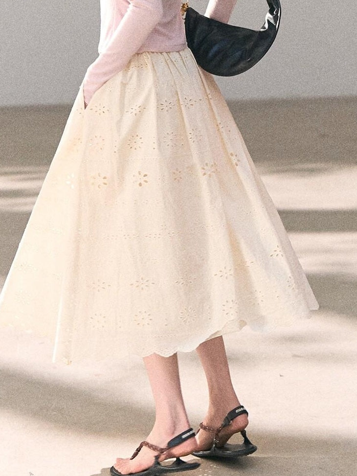 7 OAKMOO Cotton Lined Embroidered A Line Ruffle Elastic Mid Waist Women Maxi Skirts