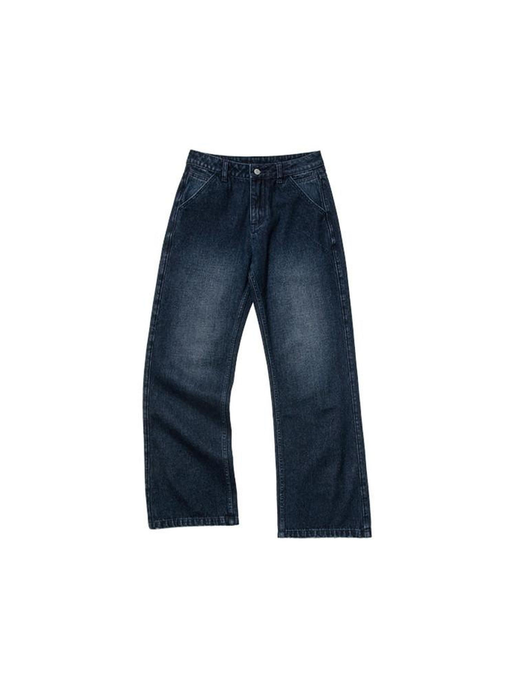 Country Moment Durable Washed Loose Fit Natural Waist Dark Blue Denim Straight Leg Jeans