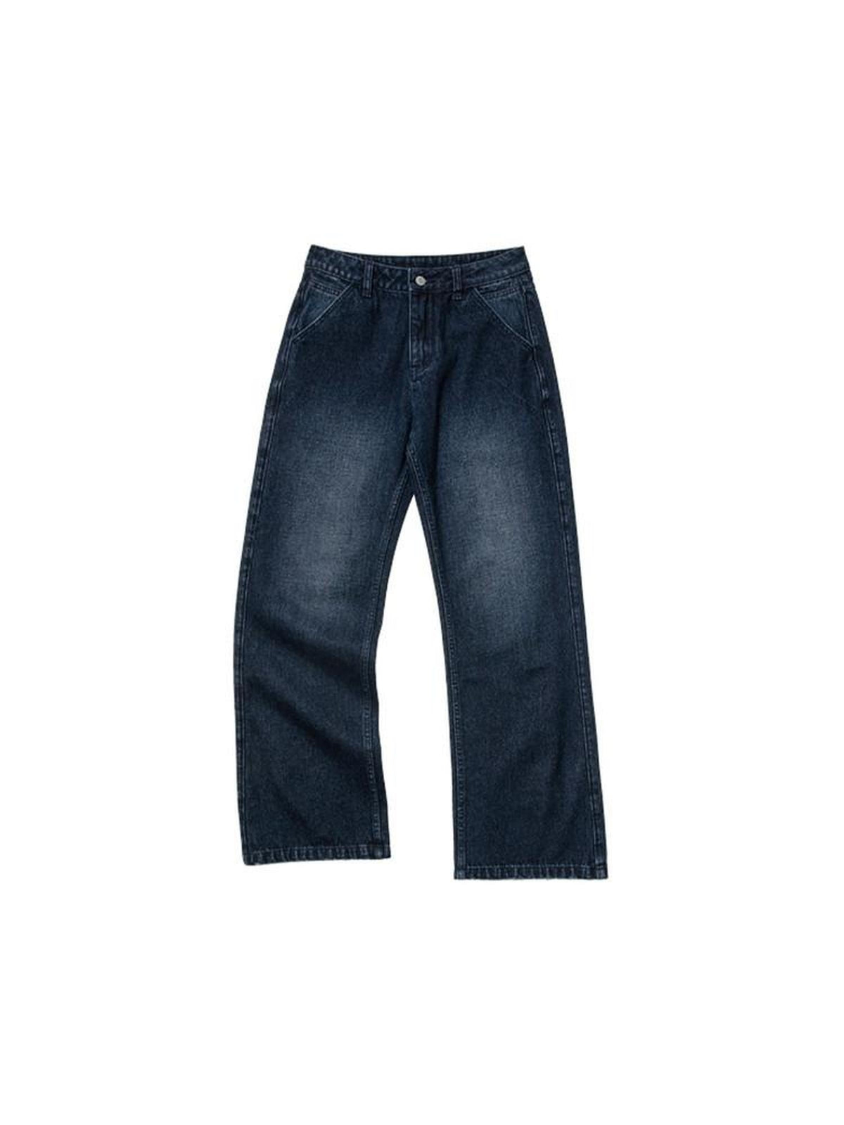 Country Moment Durable Washed Loose Fit Natural Waist Dark Blue Denim Straight Leg Jeans