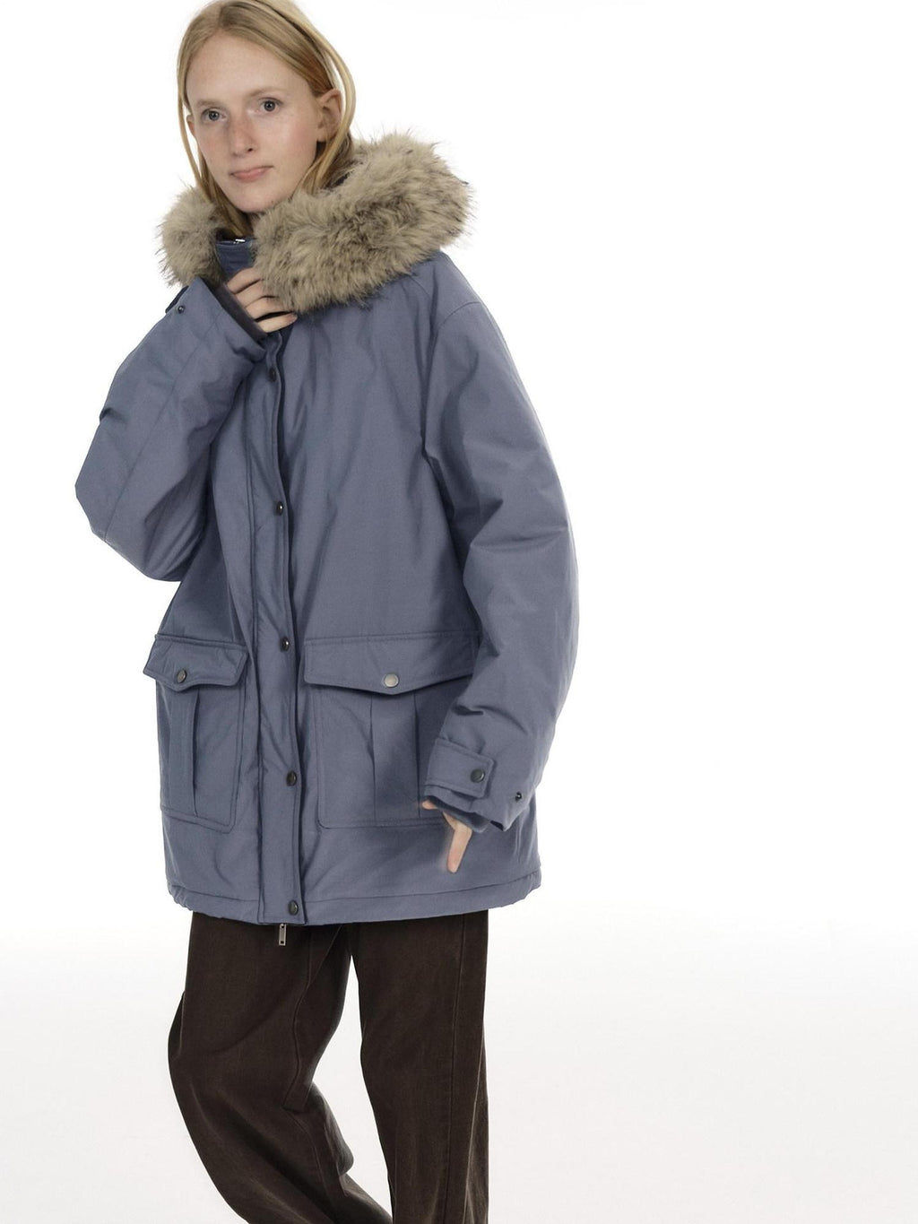 Country Moment Warm Cotton Lined Oversized Quilted Hooded Light Gray Youth Puffer Jackets