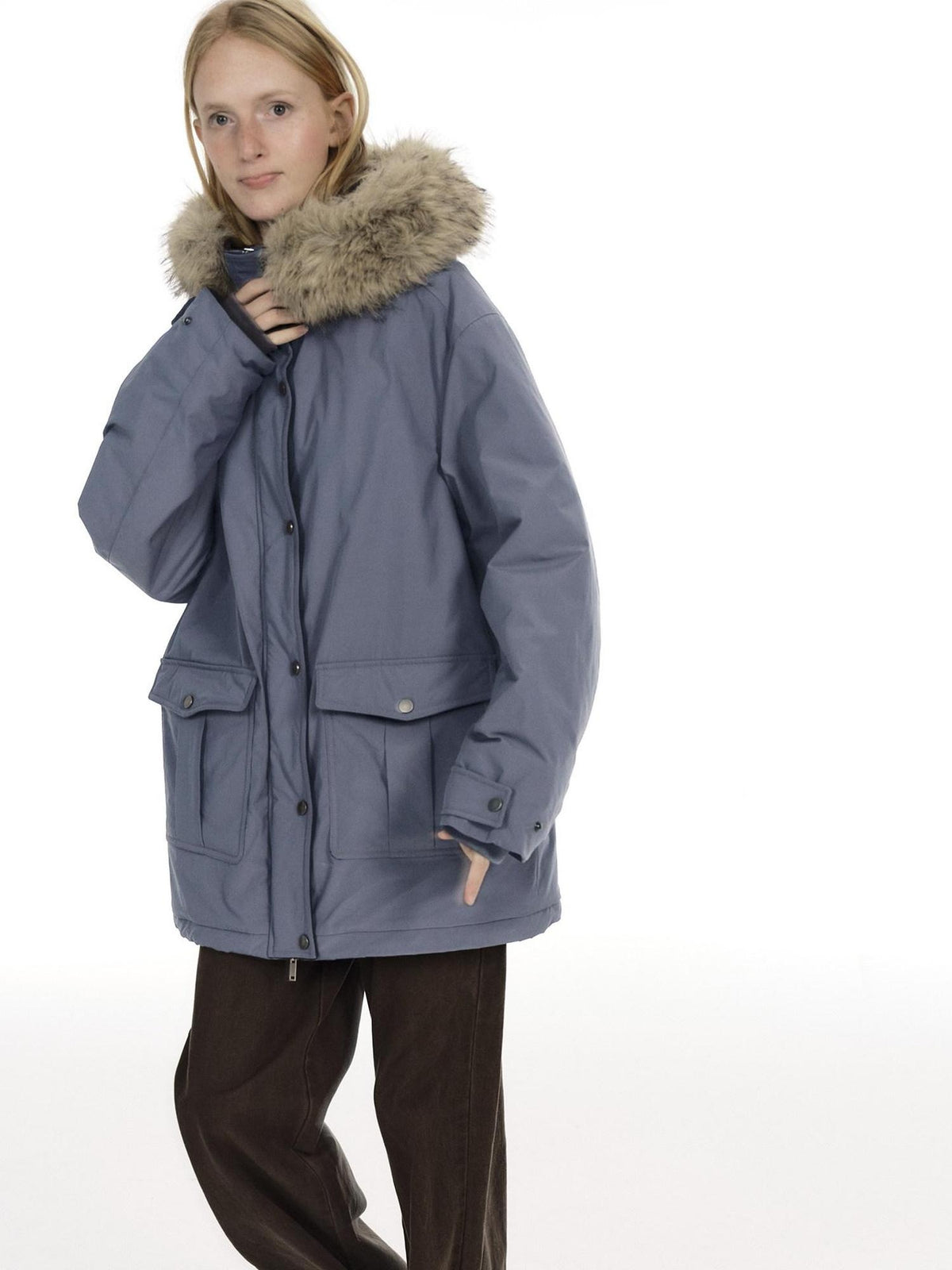 Country Moment Warm Cotton Lined Oversized Quilted Hooded Light Gray Youth Puffer Jackets