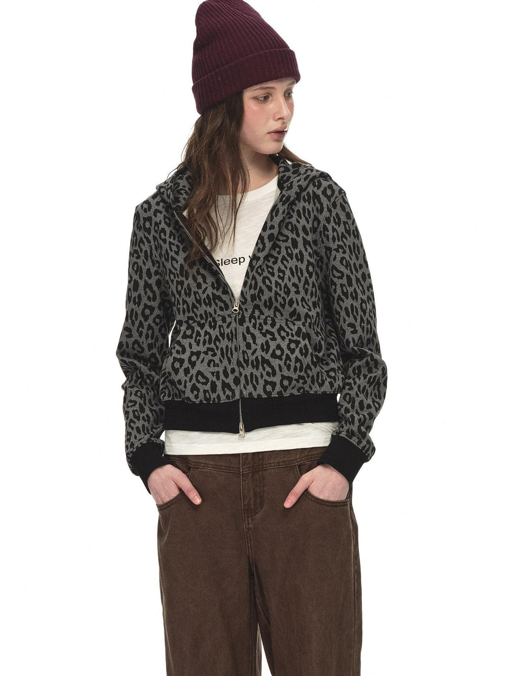 Country Moment 100% Cotton Loose Zip Crop Hooded Leopard Print Women Black Grey Hoodie