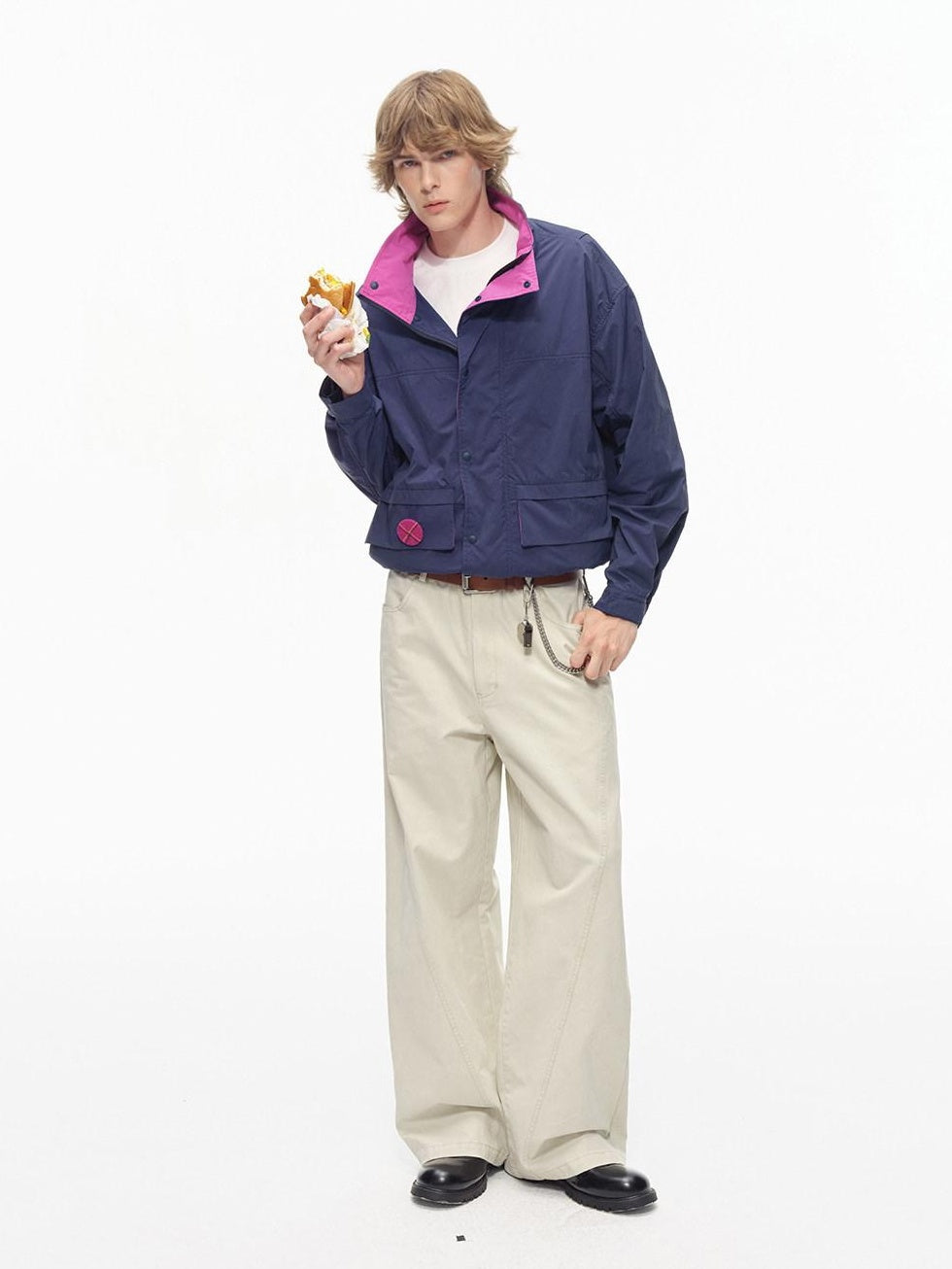 Country Moment Washed Patchwork Pure Cotton Mid Rise Loose Straight Youth Casual Wide Leg Pants
