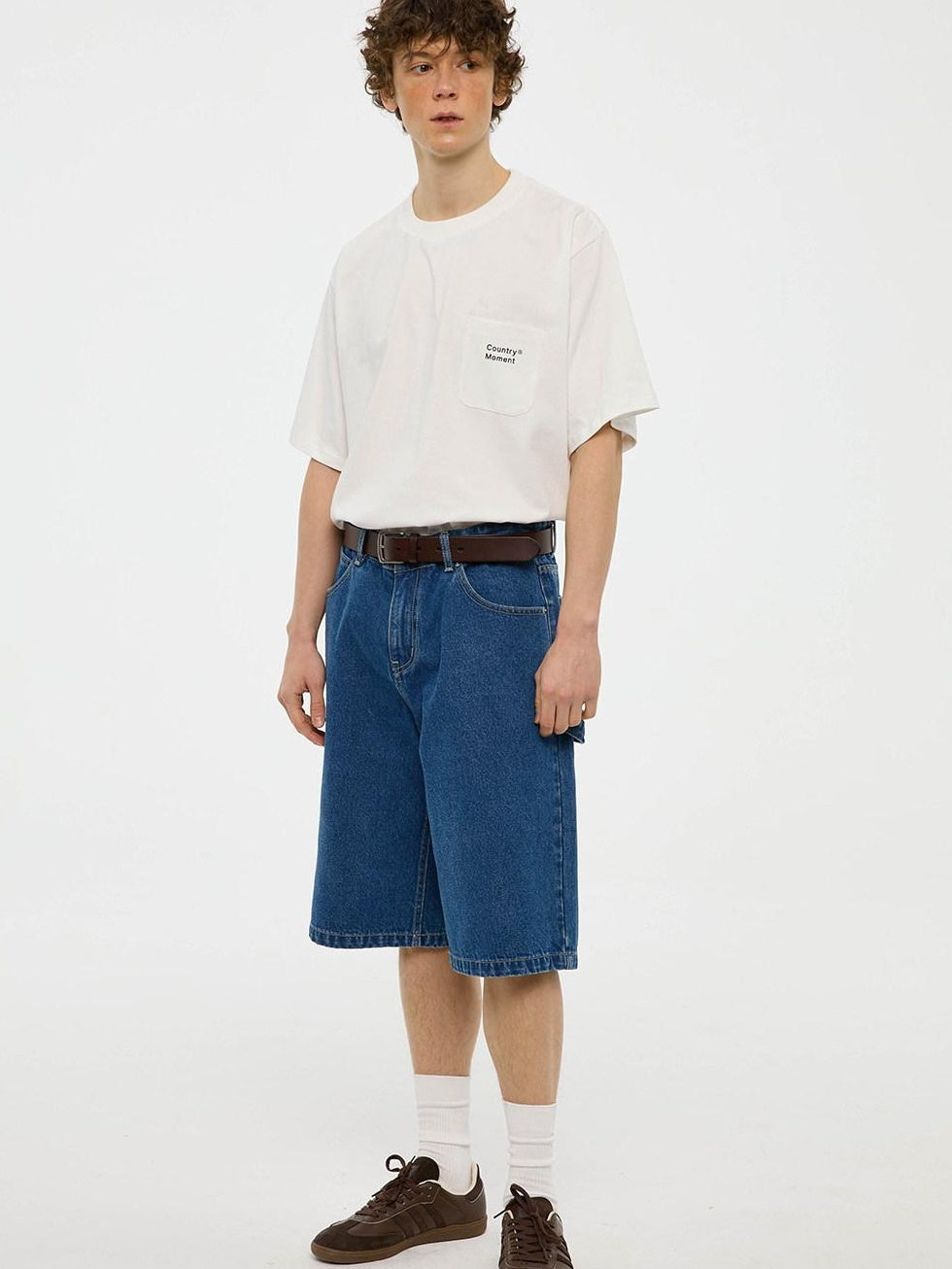 Country Moment Cotton Denim Mid High Waist Loose Straight Casual Zip Fly Mid-Length Shorts