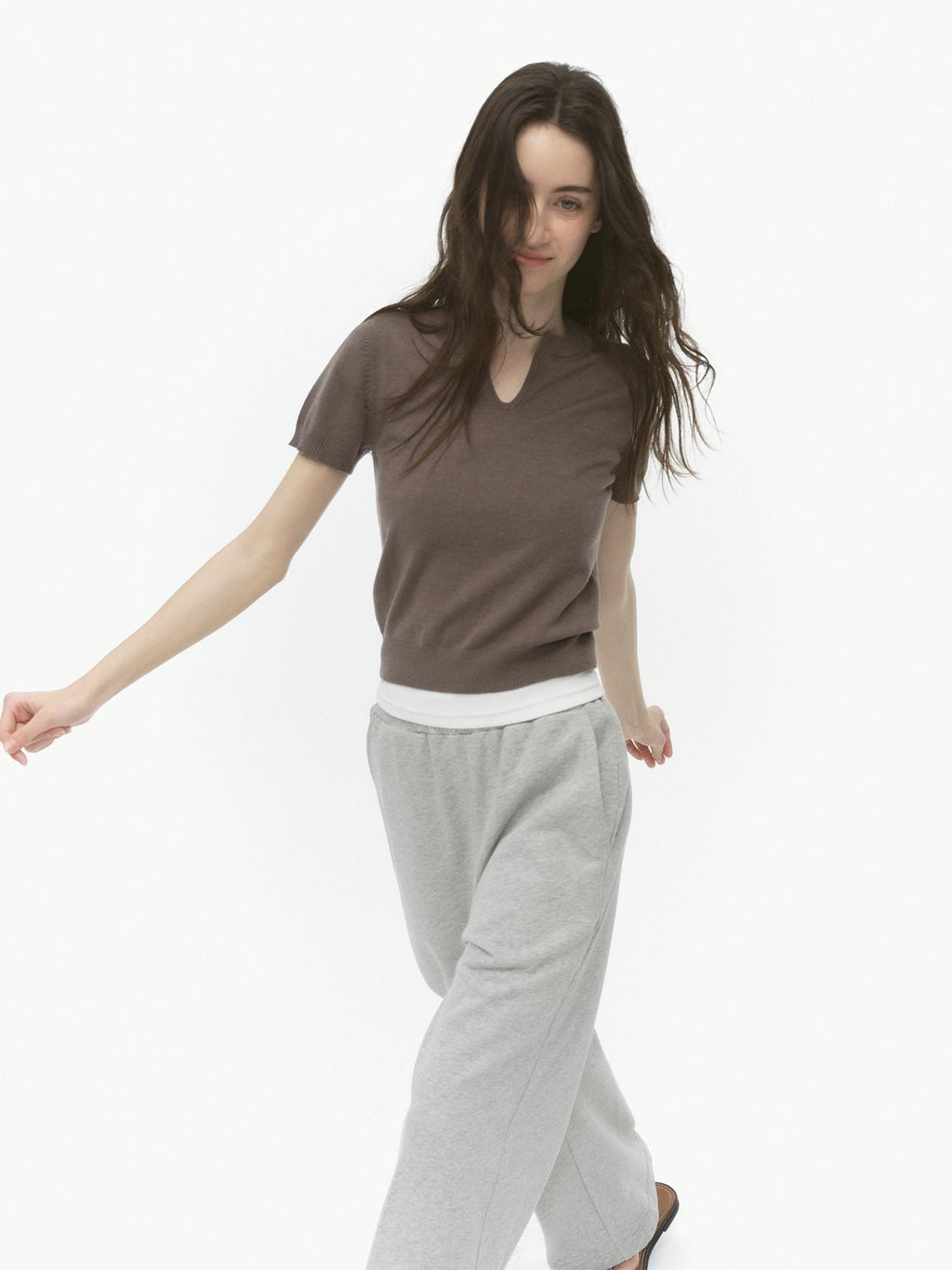 Country Moment Silk Wool Blend Patchwork V-neck Slim Fit Work Olive Brown Short Sleeve T-Shirts