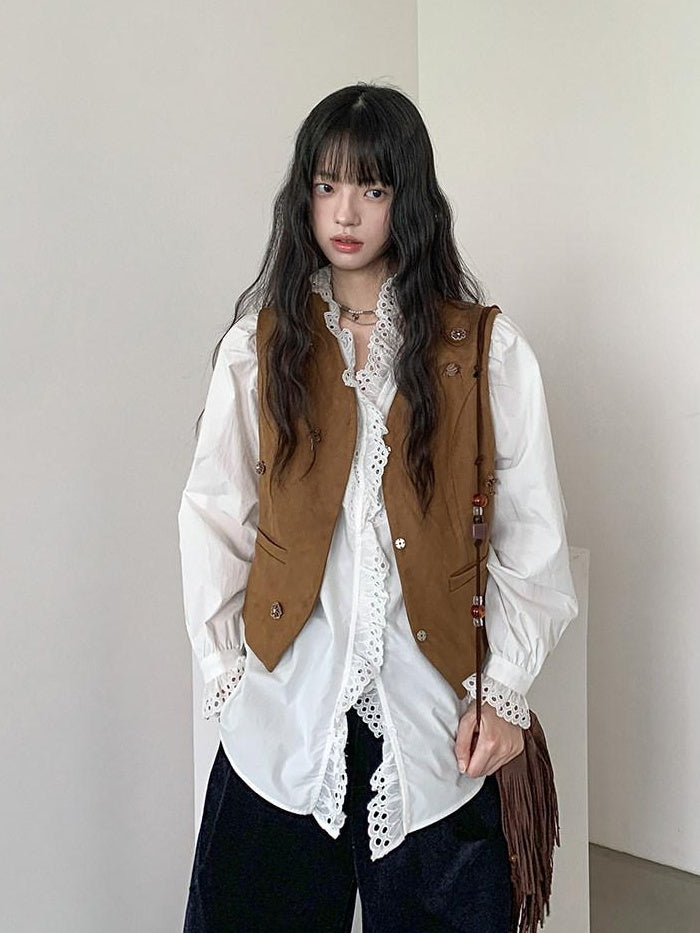 DDGIRL studio Cotton Ruffle Lace Loose V-neck Cardigan Office Casual Women Breathable Shirts