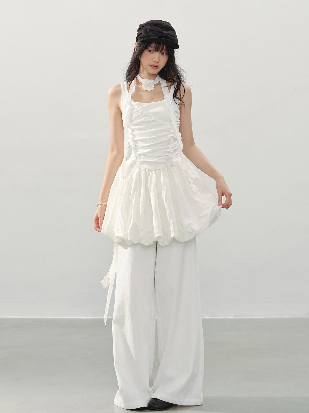 DDGIRL studio High Waist Shape Retaining Casual Lace Trim Solid White Women Wide Leg Pants