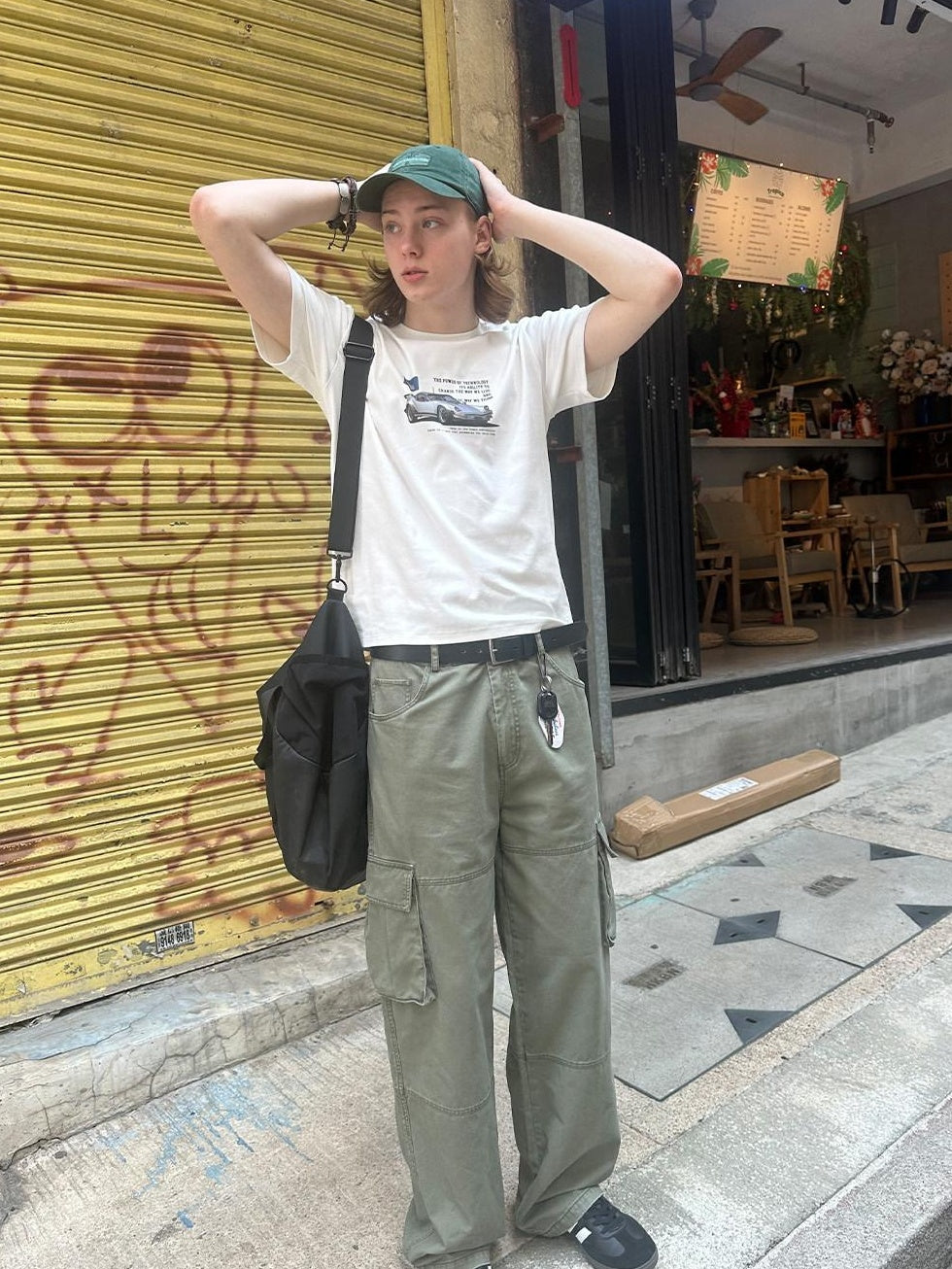 Country Moment Washed Mid Rise Loose Straight Leg Youth Daily Pure Cotton Green Cargo Pants