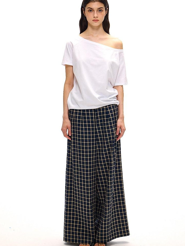 Country Moment Versatile Minimal Indigo Check Cotton Natural Waist Straight Wide Leg Pants